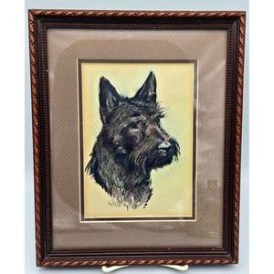 VTG Ole Larsen Signed Print Scottie Terrier Dog Framed Realistic Portrait 11X9"